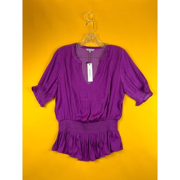 Naked Zebra Cora Peplum Blouse Womens S Mulberry Purple Smocked Short Sleeve NWT - Picture 5 of 10